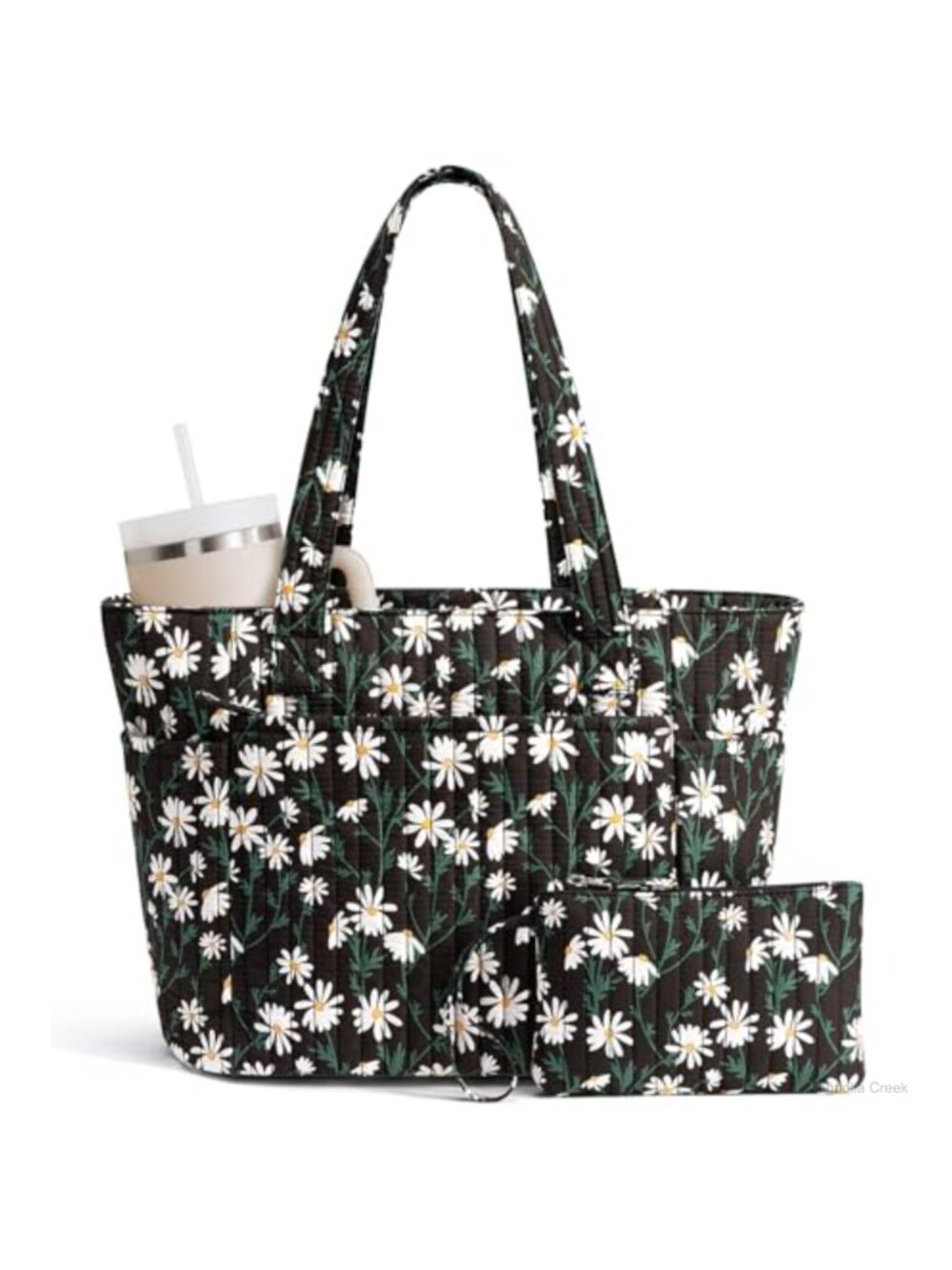 Quilted Cotton Tote Bag Laptop Work Travel Purse with Tumbler Holder